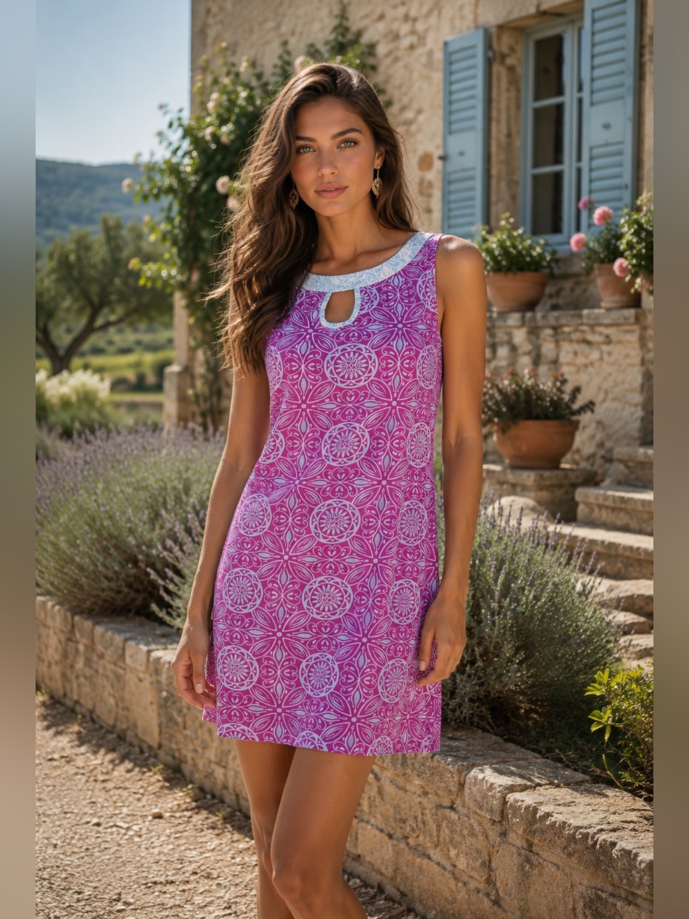 Sleeveless Pink Tile-Print Mini Dress with Contrast Trim